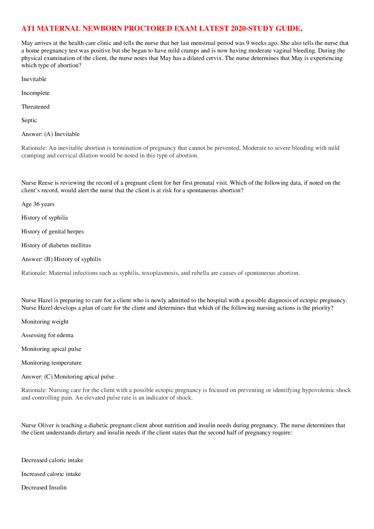 ATI MATERNAL NEWBORN PROCTORED EXAM LATEST 2020STUDY GUIDE